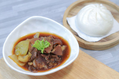 High angle view of soup in bowl on table