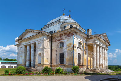 Low angle view of cathedral against clear blue sky