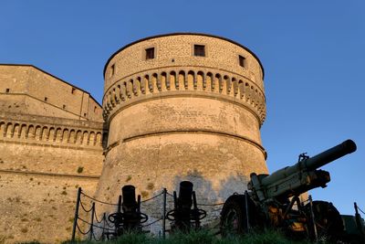 Low angle view of old ruins against clear blue sky