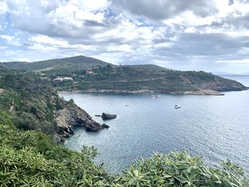 High angle view of bay against sky