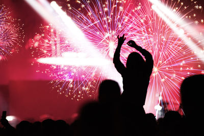 Silhouette people at music festival against firework at night