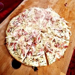 High angle view of pizza in plate on table