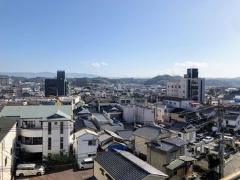 High angle view of townscape against clear blue sky