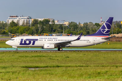 Airplane on field against sky