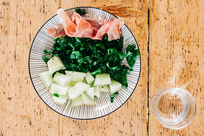 High angle view of salad in bowl on table