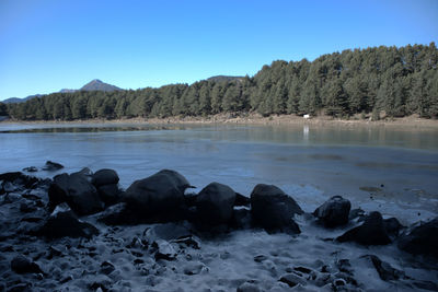 Scenic view of lake against clear sky during winter