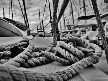 Close-up of sailboats moored at harbor