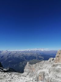 Scenic view of snowcapped mountains against clear blue sky