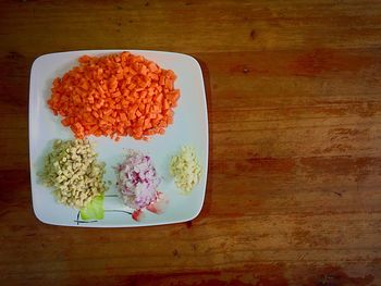 High angle view of food in plate on table
