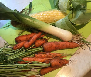 High angle view of vegetables in basket on table