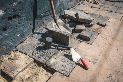 High angle view of tools at construction site