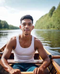 Portrait of young woman sitting in boat