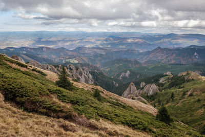 Scenic view of mountains against cloudy sky