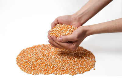 Close-up of hand holding bread over white background