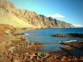 Scenic view of sea and mountains against sky