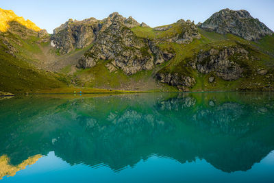 Scenic view of lake and mountains against sky