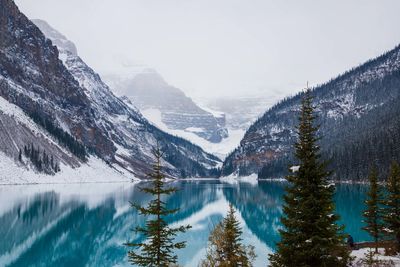 Scenic view of snowcapped mountains and lake during winter