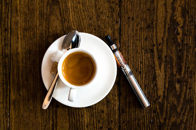 Directly above shot of coffee cup on wooden table