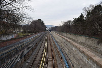 High angle view of railroad tracks against sky