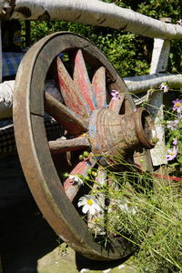 Close-up of old rusty bicycle wheel