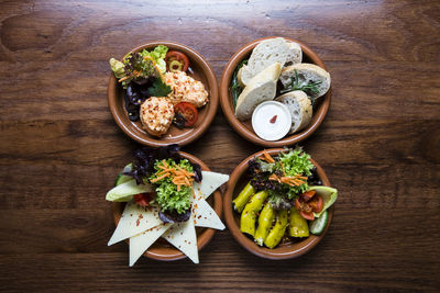 High angle view of meal served on table