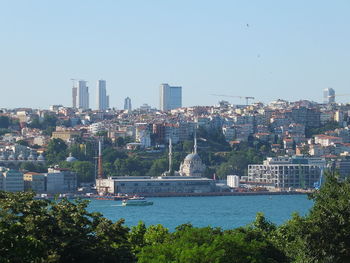 Buildings in city against clear sky