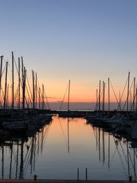 Sailboats in marina at sunset