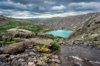 Scenic view of river amidst mountains against sky