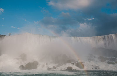 Scenic view of waterfall against sky