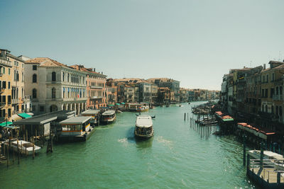 Boats in river against clear sky