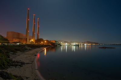 Illuminated factory by sea against clear sky at night