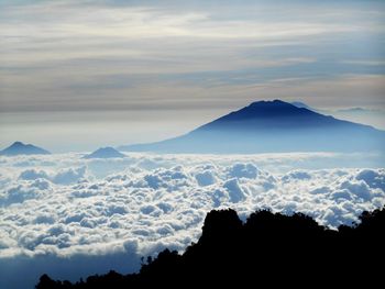 Scenic view of mountains against sky during sunset