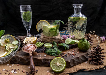 Various fruits in glass on table