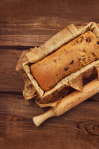 High angle view of bread on cutting board