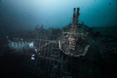 Scuba diver swimming by shipwreck in sea