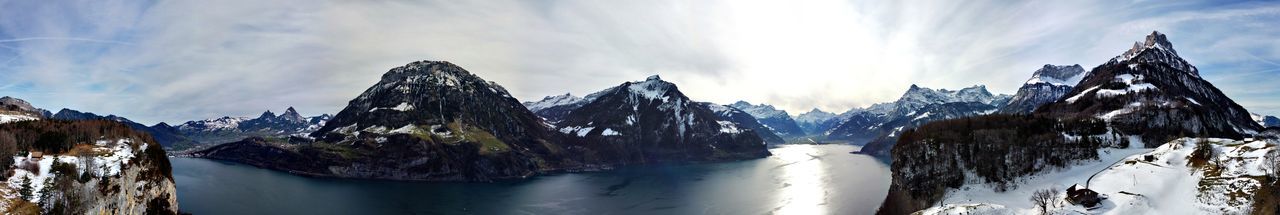 Panoramic view of snowcapped mountains against sky