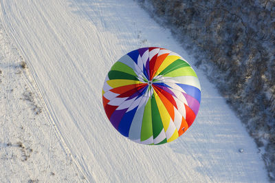 Aerial view of multi colored hot air balloon