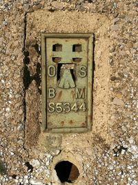 Close-up of text on brick wall