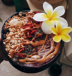 High angle view of meal in bowl on table