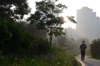 Rear view of man walking in city against sky