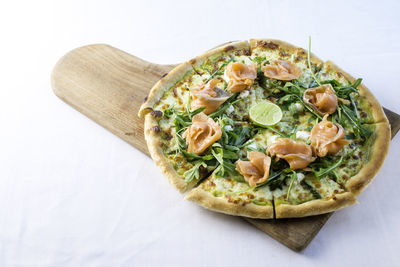 High angle view of pizza in plate against white background