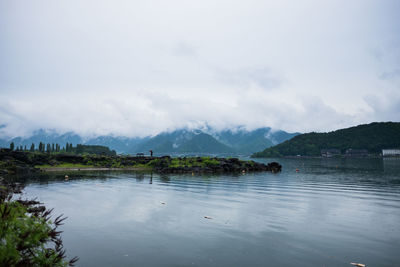 Surface level of calm lake against mountain range