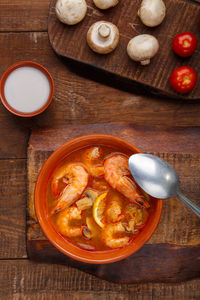 High angle view of soup in bowl on table