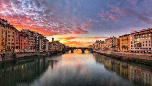 Bridge over river by buildings against sky during sunset