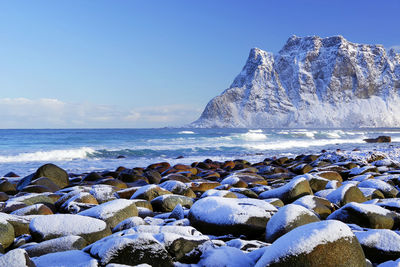 Scenic view of rocks on beach against sky