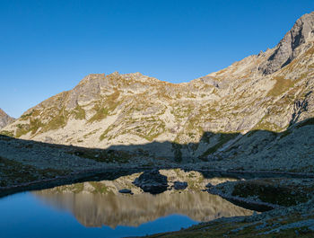 Scenic view of lake and mountains against clear blue sky