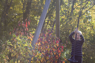 Portrait of boy swinging on swing against trees