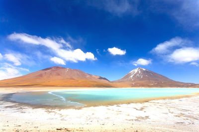 Scenic view of landscape and mountains against blue sky