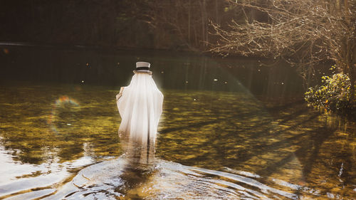 Rear view of woman standing against waterfall