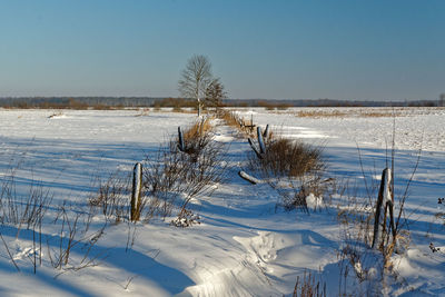 Scenic view of snowy landscape against clear sky